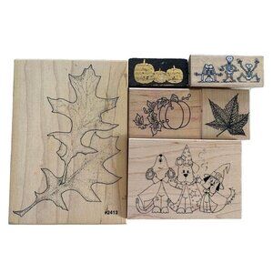 Wood-Mounted Rubber Stamp Set Halloween Fall Themes Leaves Pumpkins Dogs Skeleto